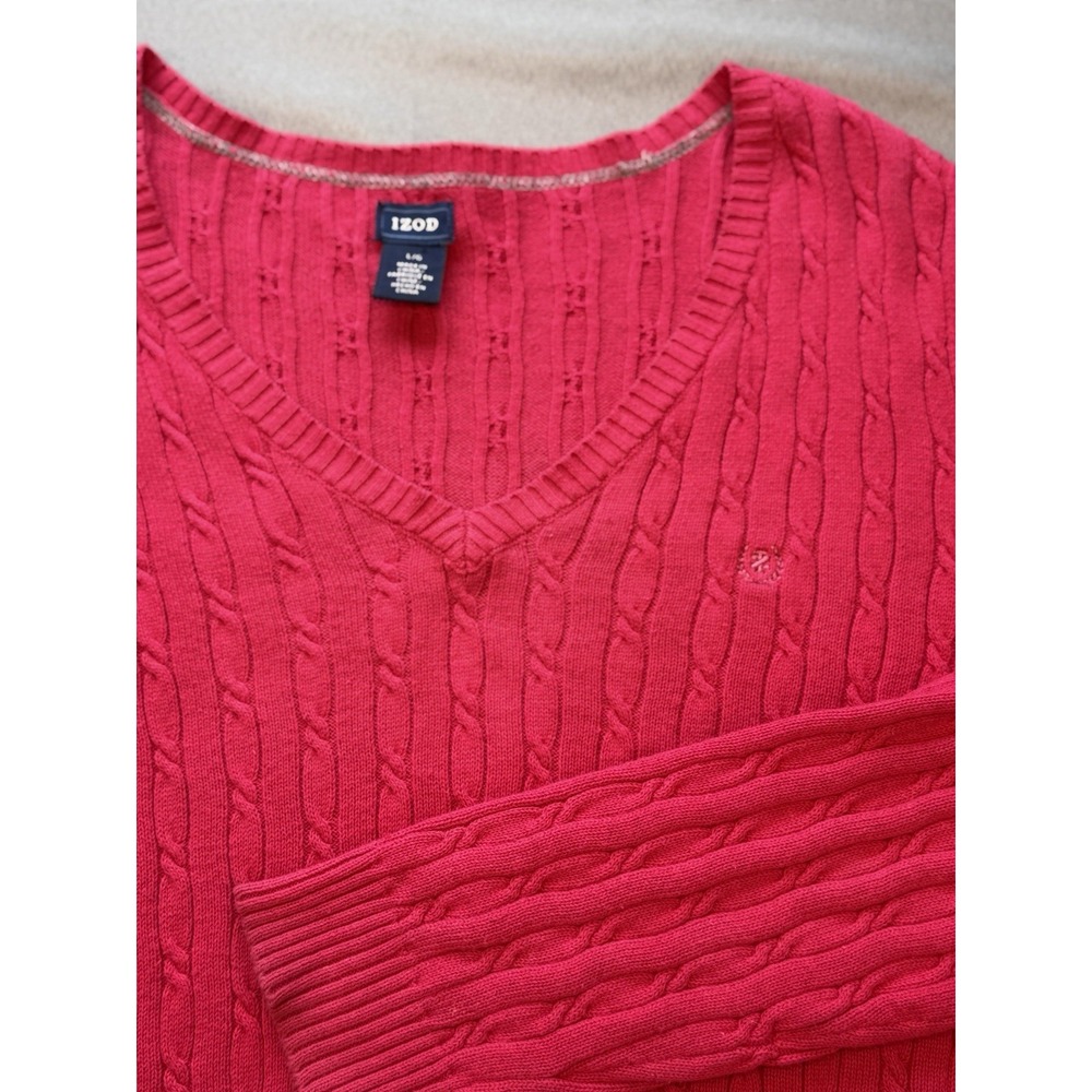 Izod Women's Fuchsia Pink V-Neck Knit L/S Sweater 100% Cotton Size Large L